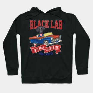 Humor cute funny black lab labrador retriever dog driving a vintage classic retro car to a parade with red white and blue flags Hoodie